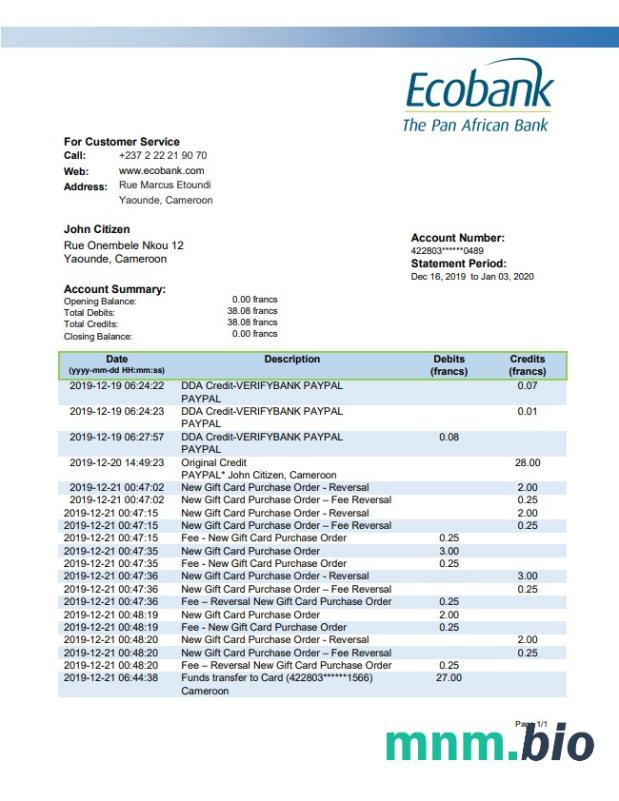 Kamerun Ecobank wyciąg bankowy łatwy do wypełnienia szablon .xls i .format pliku pdf